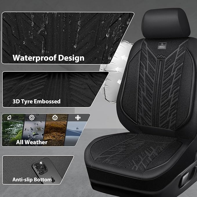 CAR PASS Leather Oxford Car Seat Covers Full Set,Waterproof Seat Cover for Truck,All Weather Non-Slip Durable Universal Fit for Extra Large Truck Car SUV Sedan Van Automotive,Black 3D Tyre Embossed