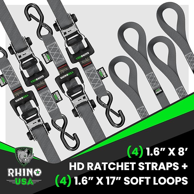 Rhino USA Ratchet Straps Heavy Duty Kit (2-Pack) - 1.6 Inch x 8 Feet Min Break Strength (5,000) - Ultimate Tie Down Straps with Safety S Hooks for Trucks, ATV, UTV, Motorcycle, Cargo & More - Gray