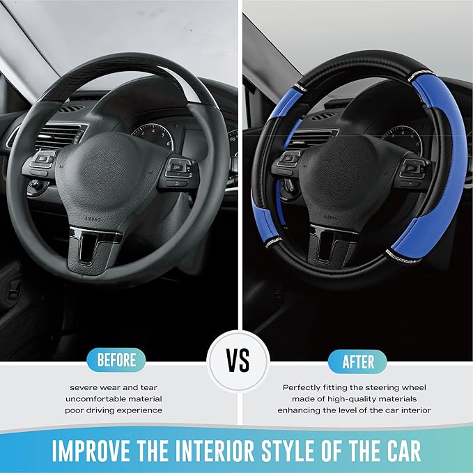 Road Comforts Leather Steering Wheel Cover - Made with PVC Leather - Anti-Slip, Universal Fit 14 1/2 inches to 15 inches - Blue