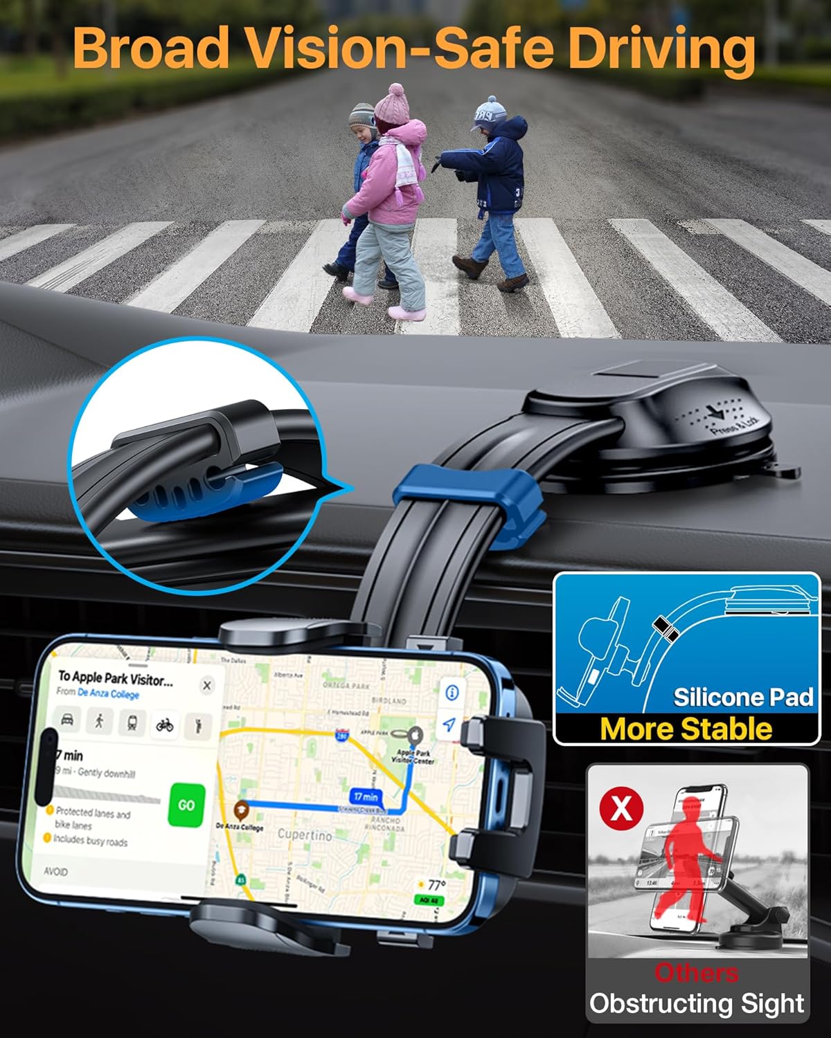 HTU Upgraded Strongest Suction Car Phone Holder Bendable Arm, Never Block View Rotatable Cellphone Mount for Dashboard Windshield Vent, Cradle Stand for iPhone 16 15 14 13 12 Pro Max (Grape Purple)