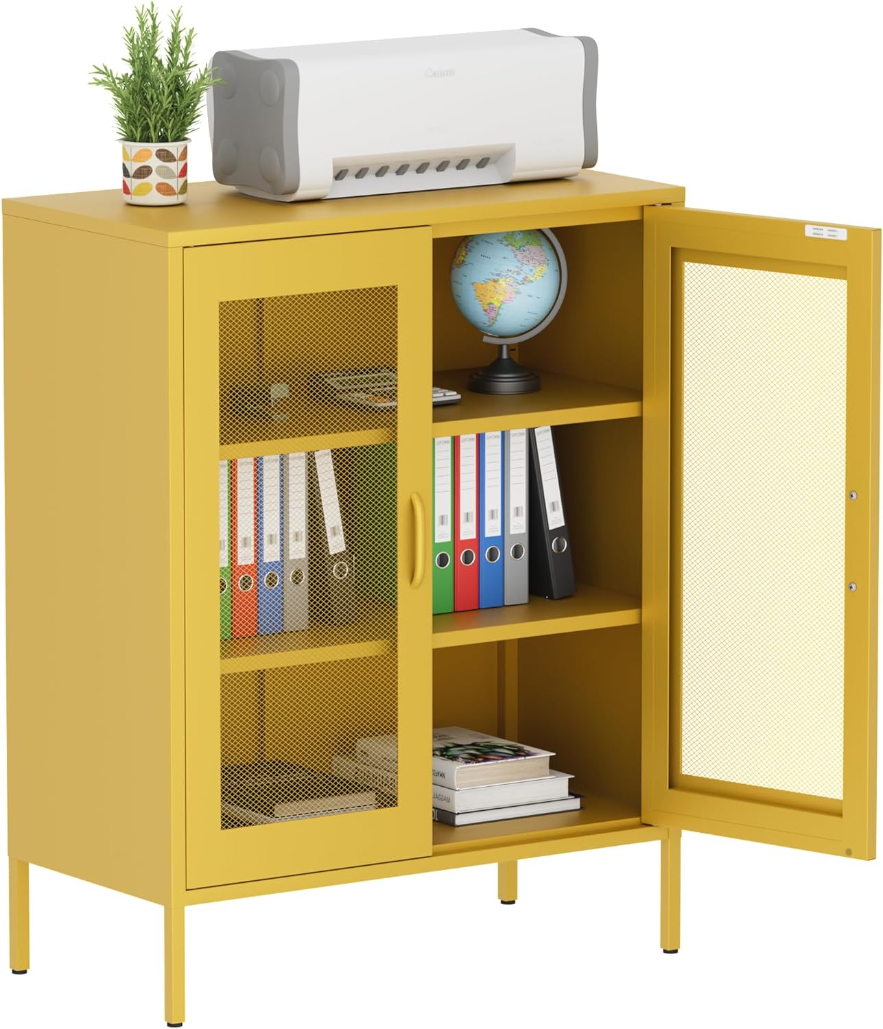 Metal Storage Cabinet with Mesh Doors,Steel Display Cabinet with Adjustable Shelves,Metal Office Storage Locker for Home Office,Garage(Yellow, 40''H)