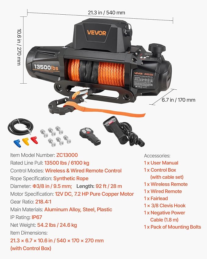 VEVOR Electric Winch, 13500 lbs Load Capacity, 12V DC Truck Winch with Φ3/8 in x 92 ft Synthetic Rope, Wireless & Wired Remote Control, IP67 Waterproof for Towing Off-Road SUV Jeep Trailer Boat