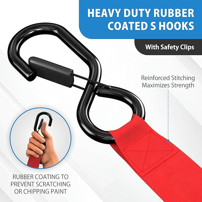 USA Based Retractable Ratchet Straps (2PK) 1in x 16ft - 1,500lb Break Strength, Heavy Duty Automatic Ratchet Straps Self Retractable Tie Down, Push Button Retracting Truck Trailer Cargo | Red