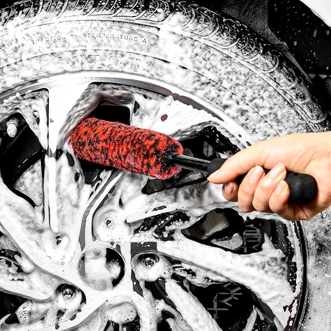 Metal Free Soft Wheel Cleaner Brush, Synthetic Wool Tire Cleaning Brush, Highly Water Absorption, Dense and Durable Tire Brush for Cleaning Wheels, Rims, Spokes, Fenders, Engines…