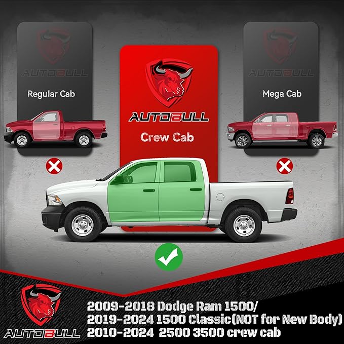 Crew Cab Running Boards Compatible with 2009-2018 Dodge Ram 1500, 2019-2024 1500 Classic, 2010-2024 Ram 2500 & 3500 CrewCab, 6" 2-Stairs Side Step Rails Coated Black Carbon Steel Nerf Bars