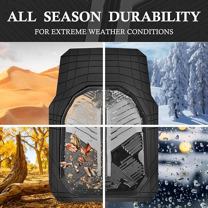 CAR PASS Heavy Duty Rubber Car Mats, Deep-Dish Car Floor Mats All Weather, Universal Two-Tone Trim-to-Fit for SUVs Trucks Sedans, Waterproof Anti-Slip, 3 Pieces V12 Black & Metallic Gray