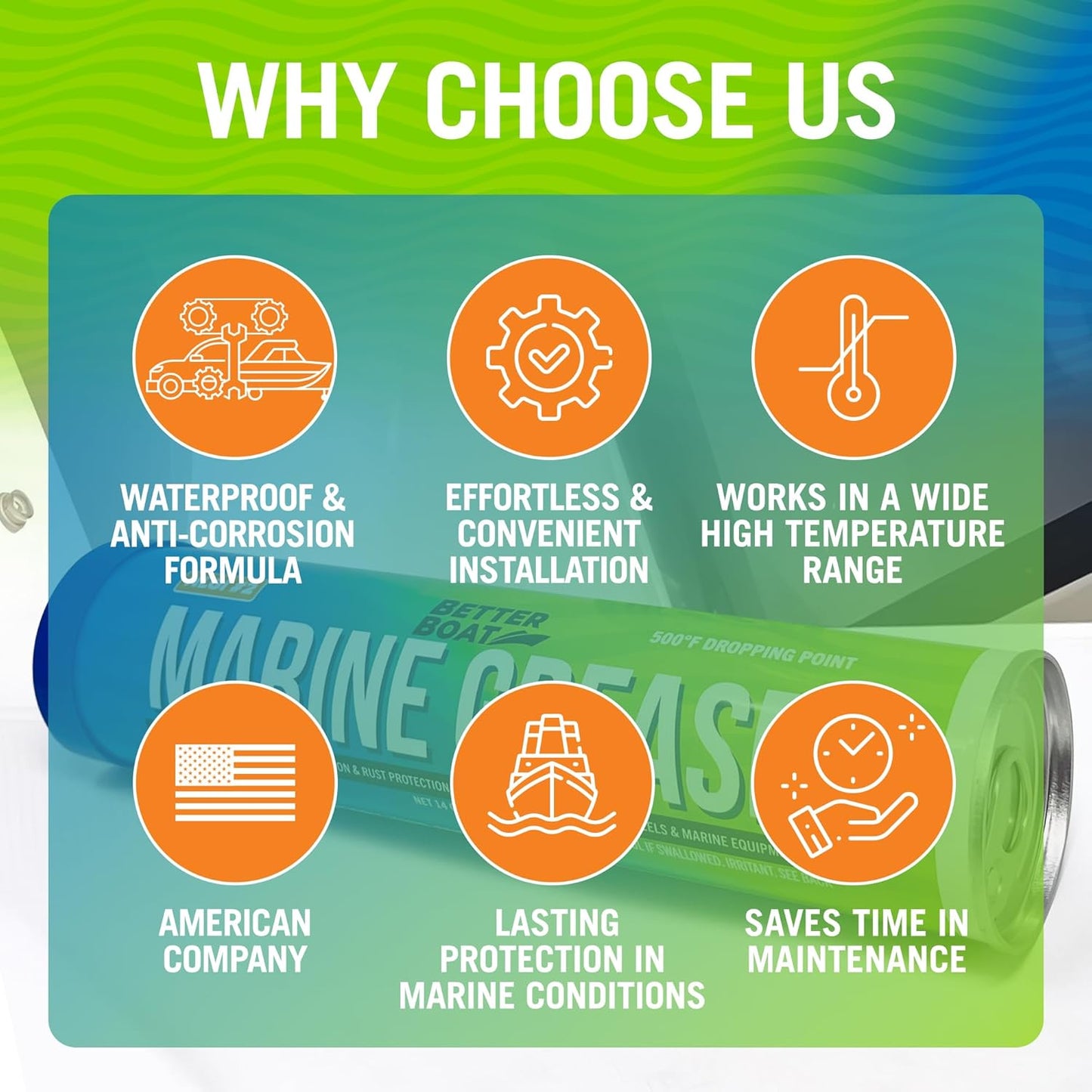 Better Boat Marine Grease Tube, 14 Oz, Waterproof High Temp Trailer Bearing Lubricant, NLGI 2, Compatible with Grease Guns