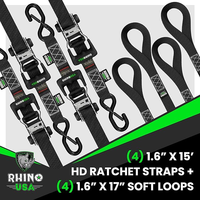 Rhino USA Ratchet Straps Heavy Duty Kit (4-Pack) - 1.6 Inch x 15 Feet Min Break Strength (5,000) - Ultimate Tie Down Straps with Safety S Hooks for Trucks, ATV, UTV, Motorcycle, Cargo & More - Green
