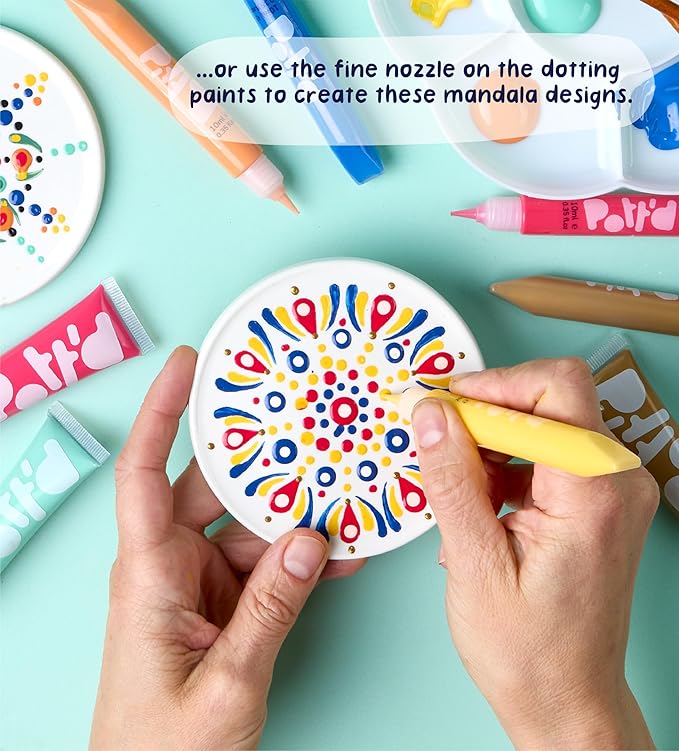 Pott’d Paintables Paint-a-Coaster Kit, DIY Pottery Painting Kit for Adults with Coasters, Holder, Dotting Paints, Brushes and Guide, Craft Kit for Beginners, Ideal for Home Decor or Handmade Gifts