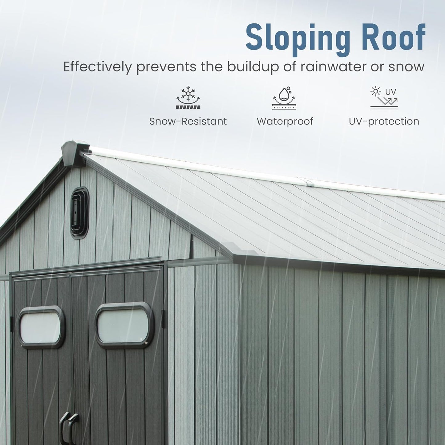 Domi 8x8 FT Outdoor Resin Storage Shed, All-Weather Double-Wall Storage Building for Backyard, Garden, Lawn Tools, Mower, Bike & Pool Equipment, Lockable Doors, Ventilated Roof, Grey