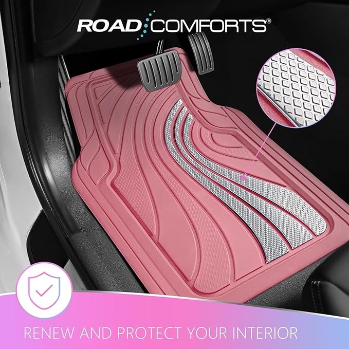 Road Comforts Car Floor Mats Full Set – Front & Rear Car Floor Mats with Aluminum Design, Anti-Slip Backing, All-Weather Protection, Trim-to-Fit Car Mats for Most Sedans, SUVs & Vans -All Pink