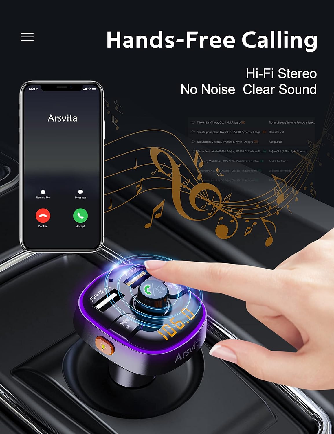 Arsvita Bluetooth FM Transmitter for Car, Radio Receiver/Audio Adapter with Dual Car Charger, Support QC3.0 Quick Charging, Hands-Free Calling and Hi-Fi Sound Playback, Black