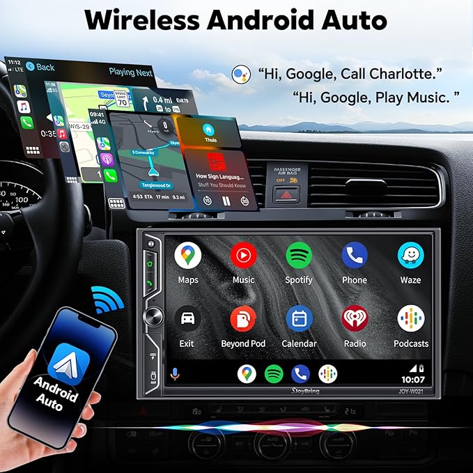 [QLED Screen Upgrade] 7" Double Din Car Stereo with Wireless Apple CarPlay and Android Auto, 240W Powerful Sound, 4.2-Channel Audio Output, Bluetooth, MirrorLink, Backup Camera, AM/FM Car Radio