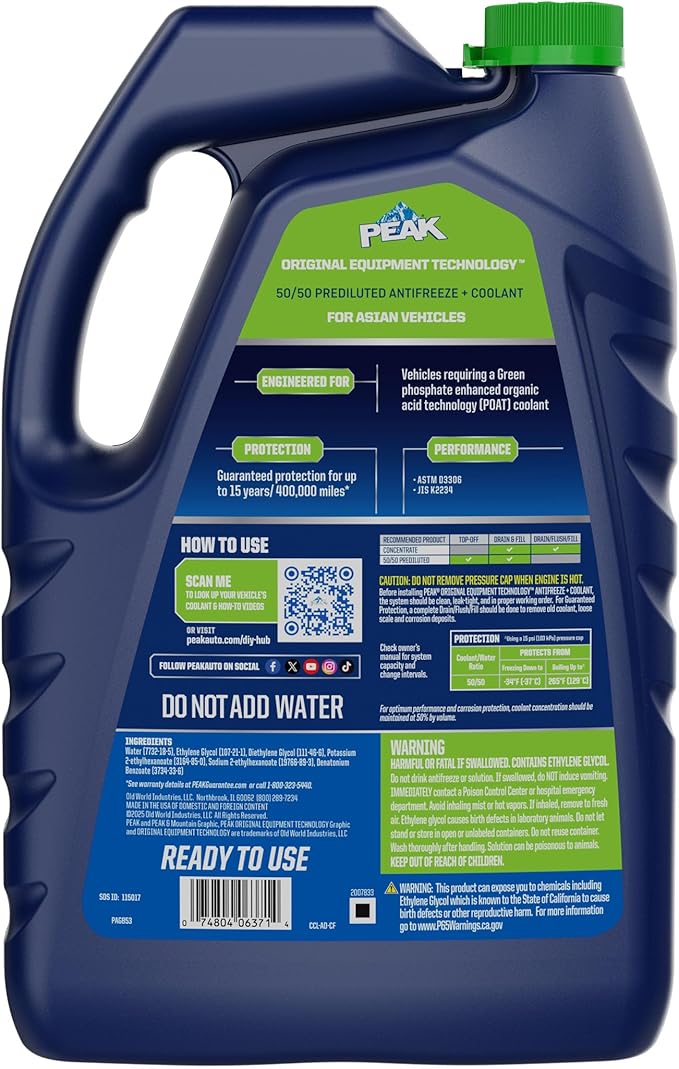 PEAK OET Extended Life Green 50/50 Prediluted Antifreeze/Coolant for Asian Vehicles, 1 Gal. (Pack of 2)