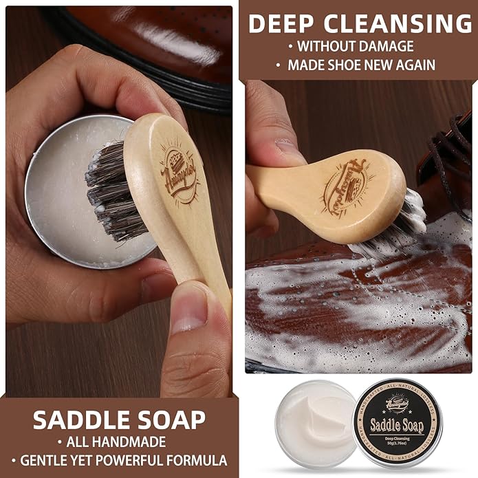 10 PCS Leather Boot Care Kit - Horsehair Brushes,Saddle Soap,Waterproofing Wax,Mink Oil Conditioner,Polishing Cloth,Microfiber cloth,Shoe Shine Cleaning Kit Gift for Men Cowboy Husband Dad ﻿