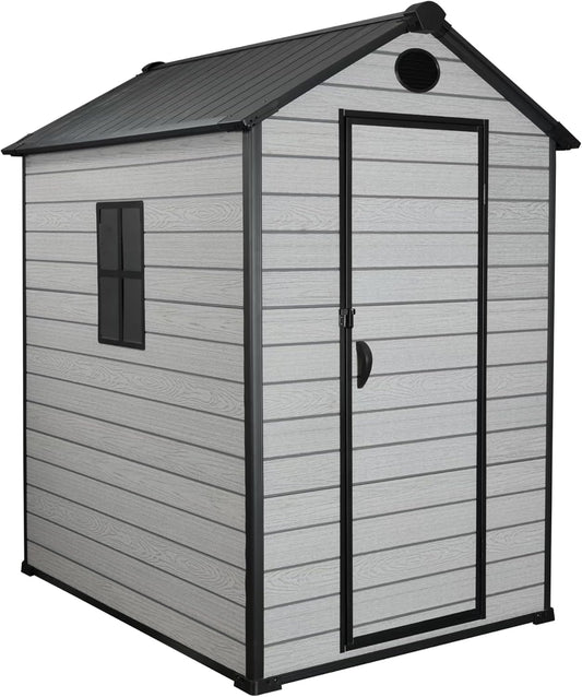 4 x 6 FT Shed Resin Outdoor Storage with Floor, 230 cuft Plastic Shed with Window and Lockable Door for Garden, Backyard, with Wood Texture, Grey