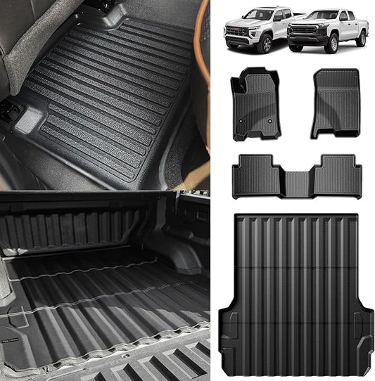 TripleAliners for 2023 2024 2025 2026 Colorado & Canyon Truck Bed Mat and Floor Mats Front Rear Full Set Liners All Weather TPE Accessories (Bed Mat+Floor Mats)