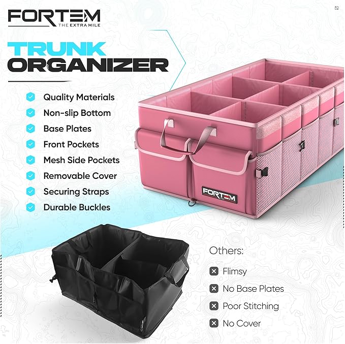 FORTEM Car Trunk Organizer, Collapsible Multi Compartment SUV Organizer, Foldable Storage for Car Accessories for Women Men, 600D Oxford, Non Slip Bottom, Securing Straps, Soft Cover (85L)