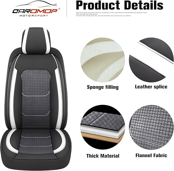 CAROMOP Premium PU Leather&Flannel Car Seat Covers Full Seats,Split Bench Compatible Car Interior Covers, Universal Fit Most Car Sedan Truck SUV(5-Seat Black/White)