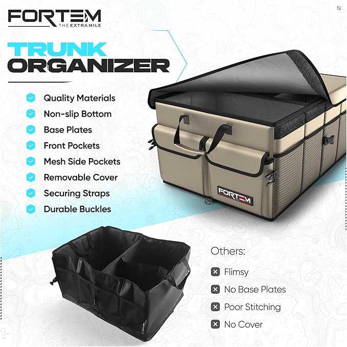 FORTEM Car Trunk Organizer, Collapsible Multi Compartment SUV Organizer, Foldable Storage for Car Accessories for Women Men, 600D Oxford, Non Slip Bottom, Securing Straps, Soft Cover (50L)