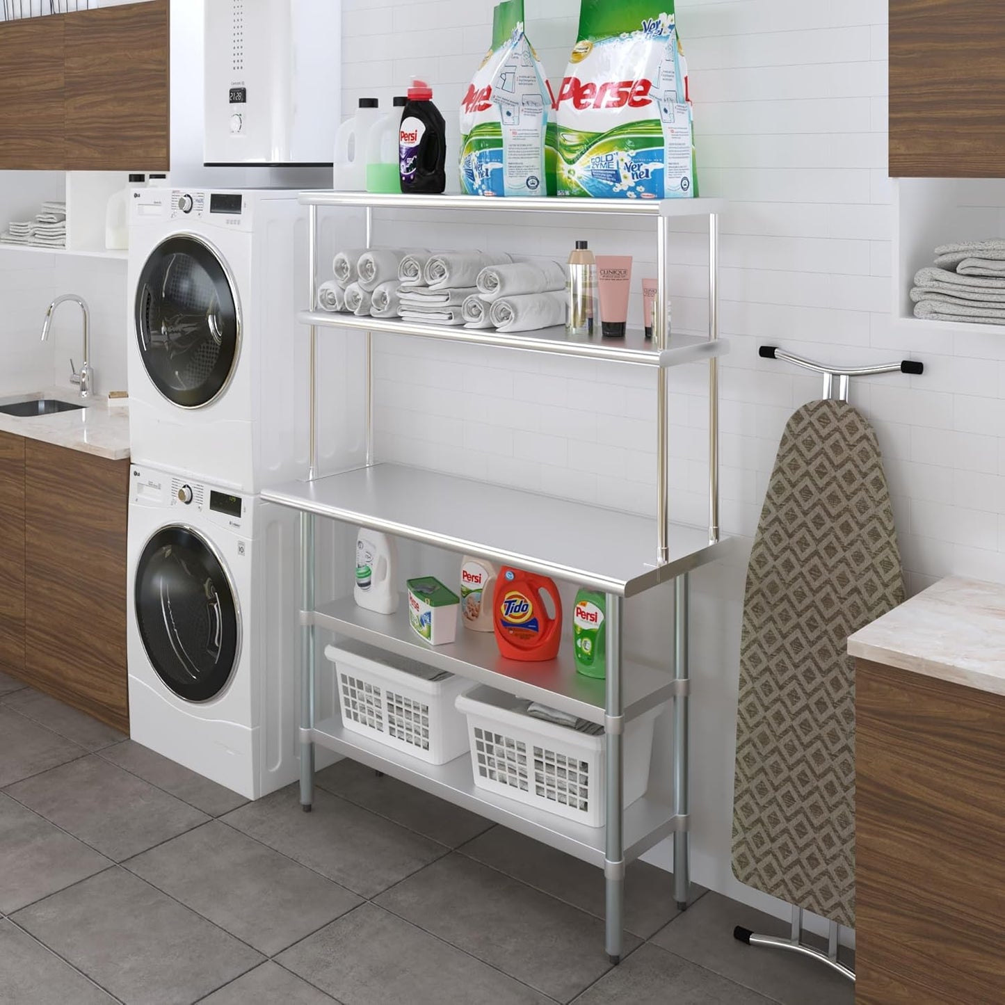 Amgood Stainless Steel Work Table with 2 Shelves | Metal Kitchen Prep Table & Shelving Combo (18" x 48" Table with 2 Shelves + 12" Overshelf)