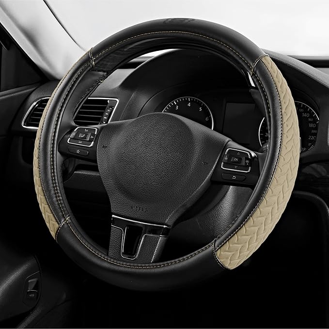 Skechers Steering Wheel Cover,Max Cushioning Leather Steering Wheel Cover Universal Fit 14" 1/2-15" Car Wheel Protector for Men Women Fit Suvs,Vans,Sedans,Car,Trucks,Beige