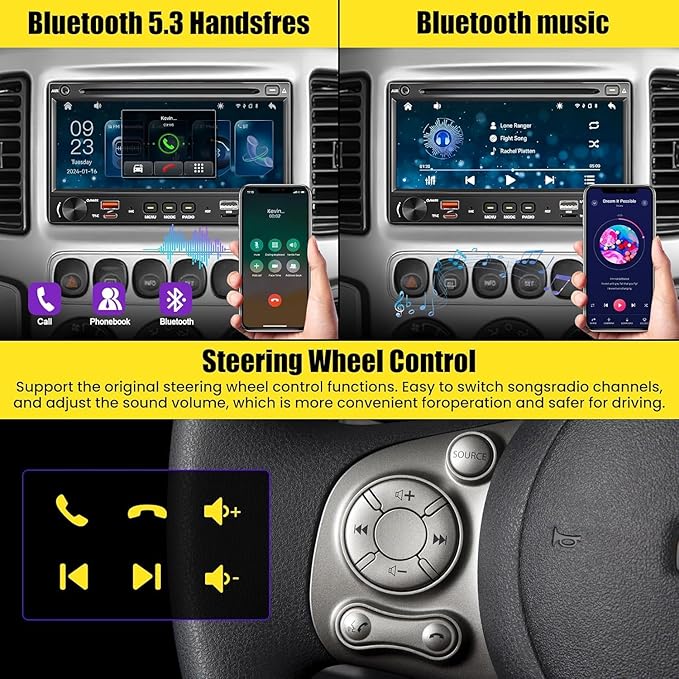 Wireless Double Din Car Stereo Radio with CD/DVD Player, Carplay & Android Auto, 7 inch Car Audio with HD Touchscreen, Bluetooth, Mirror Link, Backup Camera, SWC, FM/AM, USB/SD, A/V Input