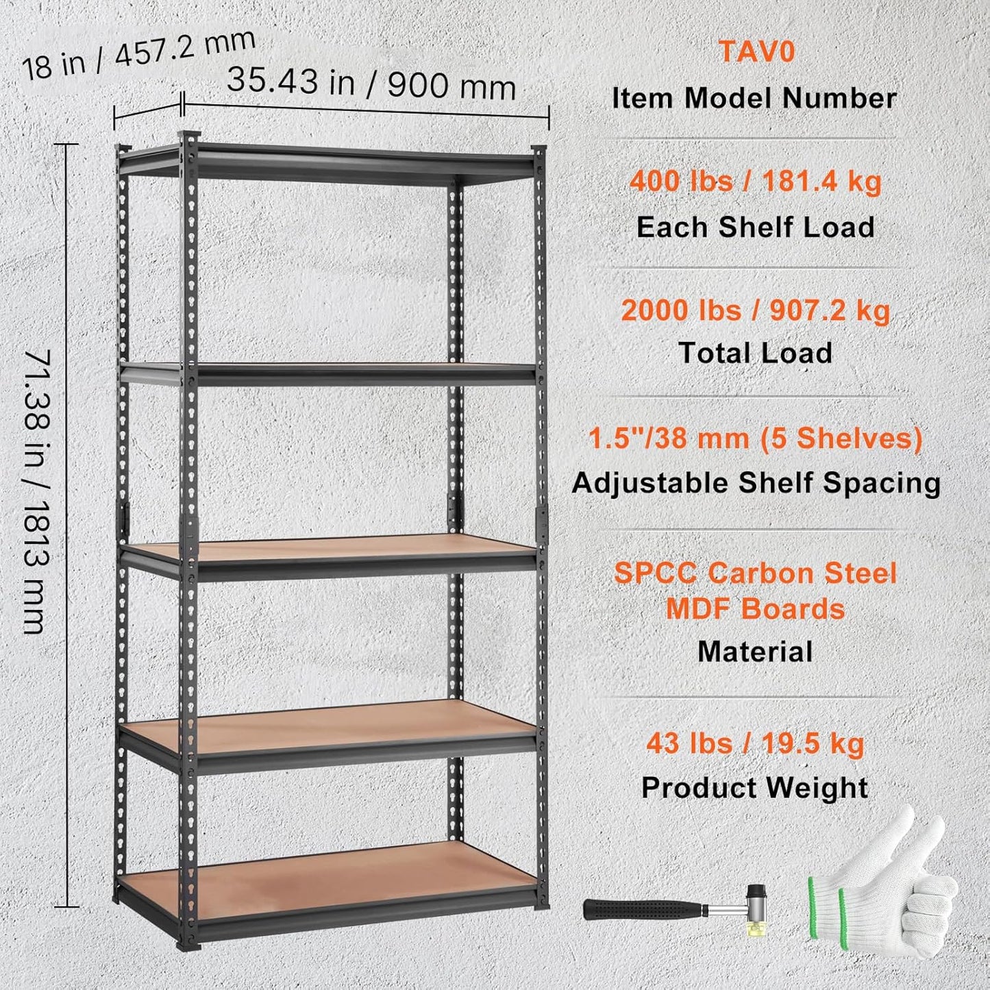 VEVOR Storage Shelving Unit, 5-Tier Adjustable, 2000 lbs Capacity, Heavy Duty Garage Shelves Metal Organizer Utility Rack, Black, 36" L x 18" W x 72" H for Kitchen Pantry Basement Bathroom Laundry