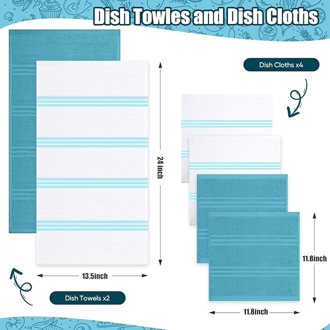 Dish Towels and Dishcloths with Oven Mitts Sets- 100% Cotton Tea Towels for Kitchen- 500 F Heat Resistant Oven Mittens 7.5"x12", Durable Dish Cloths 11.8"x11.8", Absorbent Dish Towels 13.5"x24"