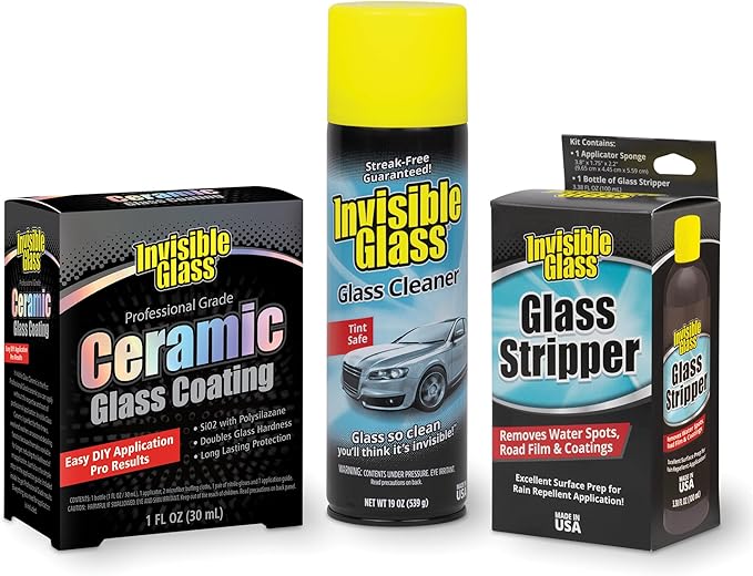 Invisible Glass 99607 Glass Care Kit – Clean with Aerosol Glass Cleaner, Strip Water Spots with Glass Stripper, Protect with Ceramic Coating for Long-Lasting Hydrophobic Protection