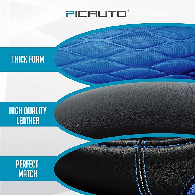 PIC AUTO Steering Wheel Cover, Blue Thick Rhombic Foam and Premium Leather, Universal 14.5-15.5 Inch Breathable Anti-Slip Steering Wheels Accessories for Men & Women