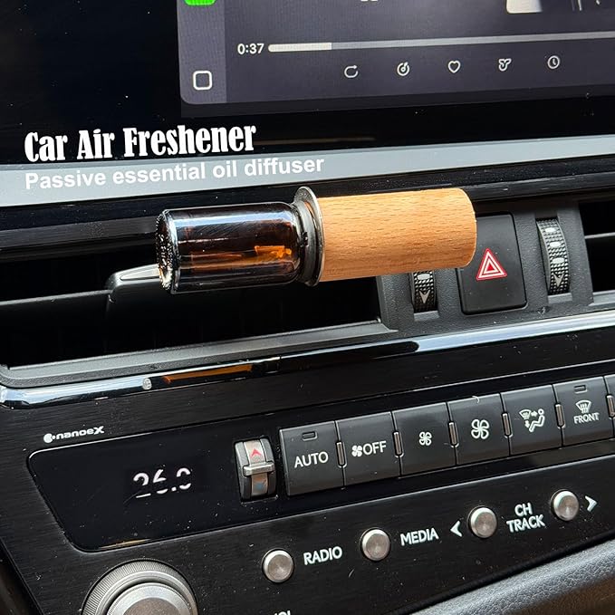 2-set Refillable Lemon Car Scent 60 Days’ Odor Fighting Non-toxic Strong Natural Fragrance, Vent Clip Wood Diffuser & Pure Essential Oils Auto Air Freshener (2x Beech Diffuser + 2x10ml Oil)