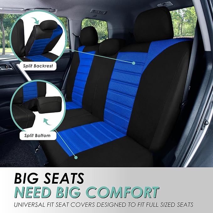 FH Group Automotive Car Seat Covers Full Set Premium 3D Air Mesh Front Seat Covers, Airbag Compatible & Split Bench Cover Universal Fit Interior Accessories for Cars Trucks and SUVs - Blue