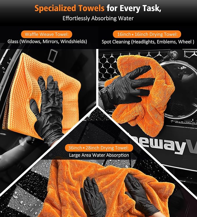 YeewayVeh 3 Pack Car Drying Towel, 24" x 36" Double Twisted Loop Car Drying Towels Extra Large, 16" x 16" Edgeless Microfiber Drying Towel and Absorbent Waffle Weave Towels for Cars Truck SUV, Orange