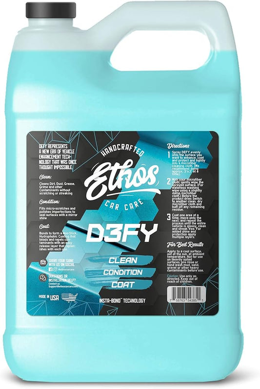 Ethos Defy - 3 in 1 Ceramic Coating - Waterless Car Wash Spray & Wax - Car Wax Rnseless Wash - Car Cleaning Supplies - Polish & Polymer Paint Sealant Protection - with Insta-Bond Technology (1 Gallon)