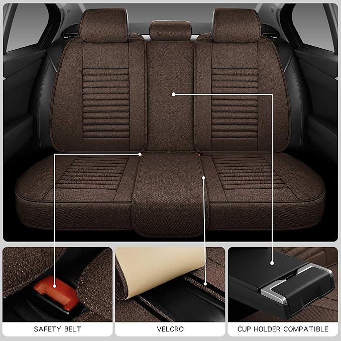 Car Seat Covers Full Set, 5 Seats Universal Linen Vehicle Cushion for Automotive Front and Rear, Seat Protectors Fit for Most SUV Truck Sedans Pick-up Jeep, Airbag Compatible (Brown)