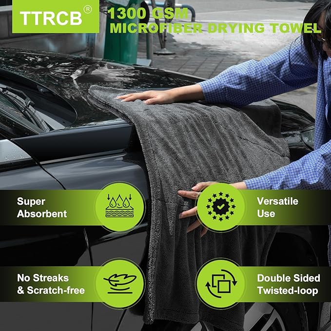 2 Pack Car Drying Towel, Microfiber Towels for Cars (36" x 24"), 1300 GSM Ultra-Absorbent, Streak Free, Premium Double Twisted-Loop Drying Towels Car Detailing with Car Wash Mitt for SUV, RV, Truck