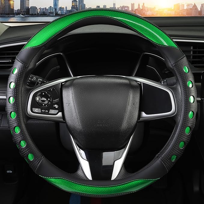 Leather Car Steering Wheel Cover with Anti-Slip Grip, for Women and Men, Universal Fit for 14.5-15 Inch Cars, Trucks, SUVs (Green (Round), Medium(Standard) Size[14 1/2''-15''])