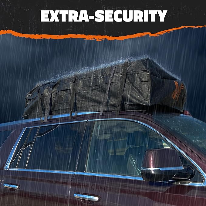 Mockins 72"x48"x20" XXL Car Rooftop Cargo Carrier Bag | 40 CuFt Car Topper Luggage Carrier Waterproof Bag | Soft-Shell Vinyl Roof Cargo Bag for Top of Car, Truck, SUV, Van & RV with Accessories