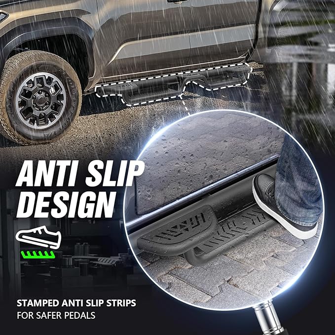 Three Raised Steps Running Boards Side Steps Compatible with 2024 2025 Toyota Tacoma Double Cab & Crew Cab, Heavy-Duty Carbon Steel Bolt-on Nerf Bar Side Rails Rock Sliders (4 Full-Size Doors)