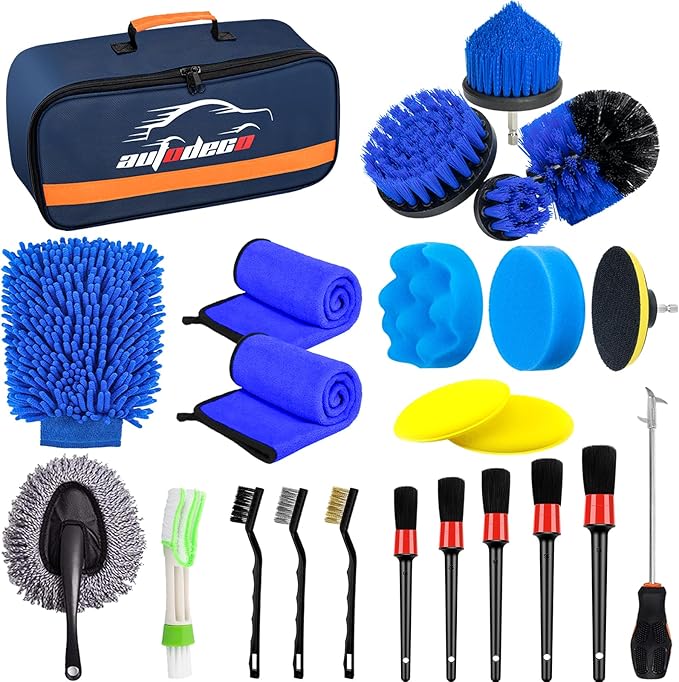 AUTODECO 30Pcs Car Detailing Brush Set, Car Detailing Kit, Auto Detailing Drill Brush Set, Car Detailing Brushes, Car Wash Cleaning Tools Kit for Interior, Exterior, Wheels, Blue