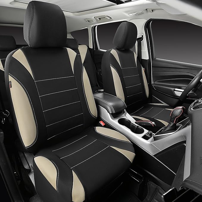 CAR PASS Waterproof Car Seat Covers Full Sets, Universal Fit Seat Covers for Cars, EVA Neoprene Seat Cover Set Full Sets, Interior Covers for Auto SUV,Vans,sedans, Trucks,(Black and Beige)