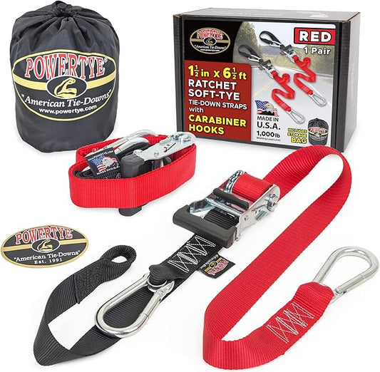 PowerTye 1.5 inch x 6.5ft Heavy Duty Ratchet Tie Down Straps with Carabiner Hooks, Soft-Tye & Storage Bag, for Motorcycle, ATV, Trailer & Cargo - 1,000 lb WLL - Made in USA - Red/Black Pair