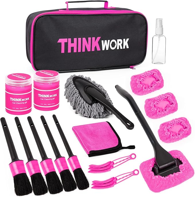 THINKWORK Pink Car Duster Interior Kit, Perfect Car Detailing Brush Kit for Cleaning Windows,Windshield,Dashboard and Air Vents Suitable for All Cars