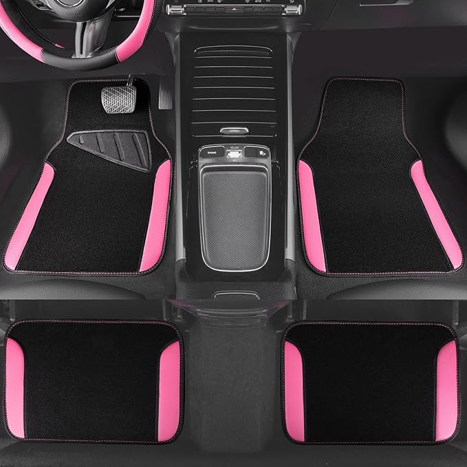CAR PASS Faux Leather Steering Wheel Cover and Waterproof Car Floor Mats,Universal Car Combo Fit for 95% Sedan,SUV,Cars,14.5-15inch Sporty Anti-Slip Safety Comfortable Design(Black＆Pink)