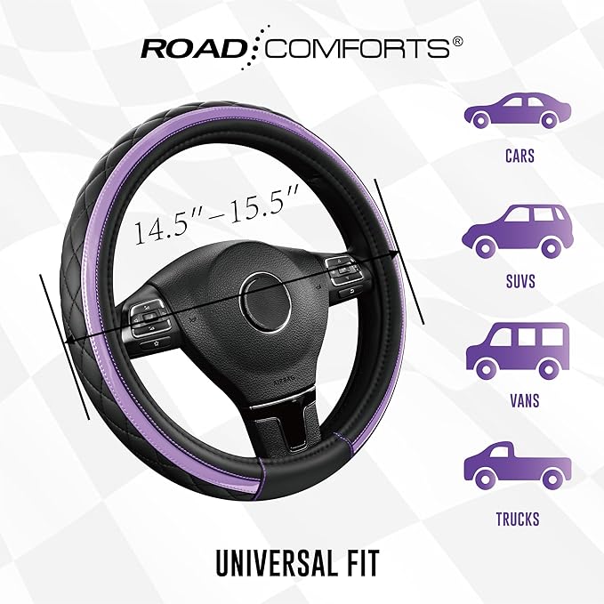 Road Comforts Leather Steering Wheel Cover – Black & Purple, Universal Fit 14.5-15 Inch, Microfiber Leather, Anti-Slip & Breathable Design for Men and Women