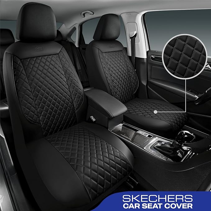 Skechers Car Seat Covers,Piping Luxury Faux Seat Covers,Waterproof Anti Slip Car Seat Protector Front Seats,Car Accessories Airbag Universal Fit for 95% Cars,Vans,Trucks,SUV,Black