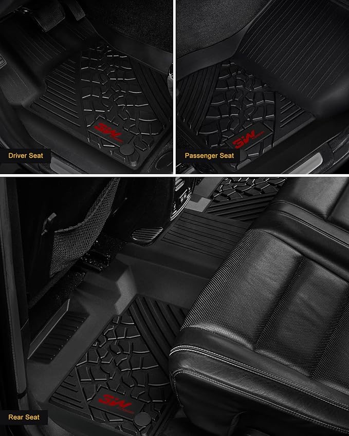 3W Floor Mats Compatible for Jeep Gladiator 2020-2024 2025, Custom Fit TPE All Floor Liner for Weather Jeep Gladiator,1st & 2nd Row Full Set Car Liners with red Logo,Black