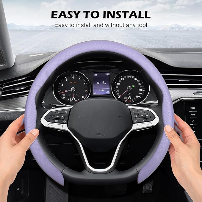 frani Leather Steering Wheel Cover, Universal 15 Inch Premium Non-Slip Steering Wheel Cover Light Purple