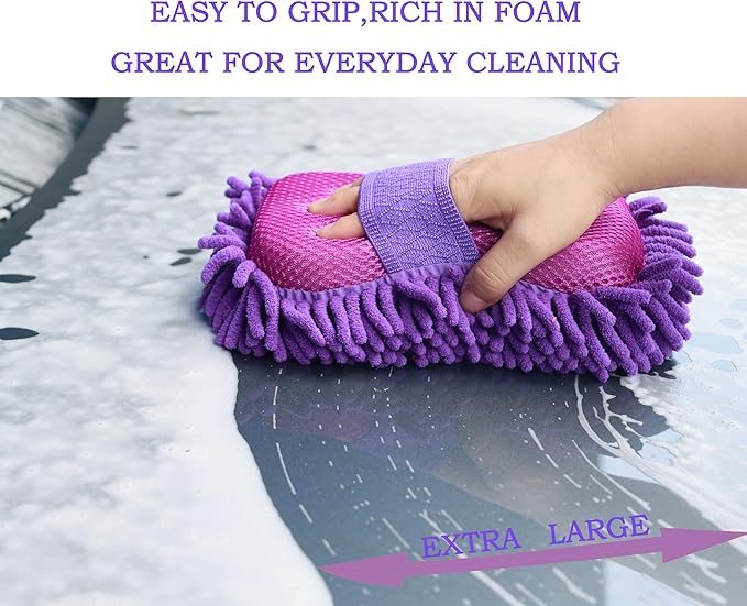 Microfiber Car Wash Sponge-Non-Scratch Wash Mitt-Two Sided Chenille Microfiber Washing Sponge-Mitt for Cars, Trucks, SUVs, Boats (2 Pack Purple)